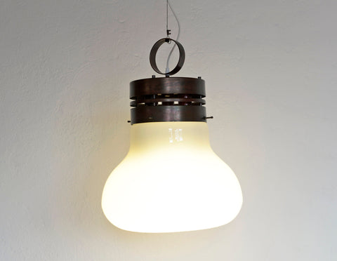 Brutalist Copper Pendant Light: XL Hand Blown Glass Chandelier, 80s Yugoslavia