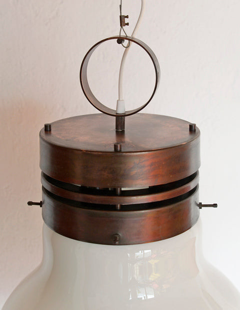 Brutalist Copper Pendant Light: XL Hand Blown Glass Chandelier, 80s Yugoslavia