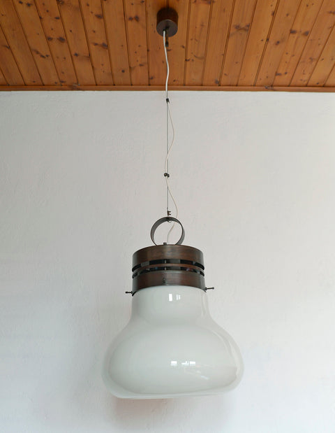 Brutalist Copper Pendant Light: XL Hand Blown Glass Chandelier, 80s Yugoslavia