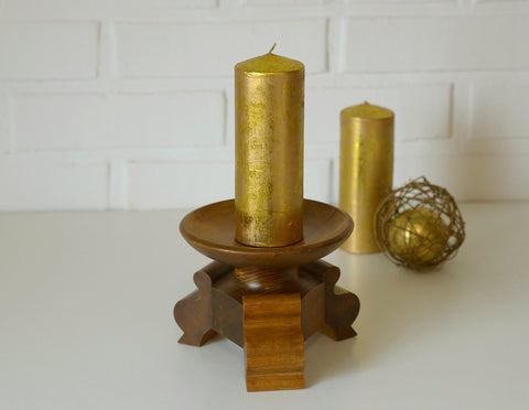 Handmade Wood Candle Holder: Large Vintage Rustic Art Deco Candlestick