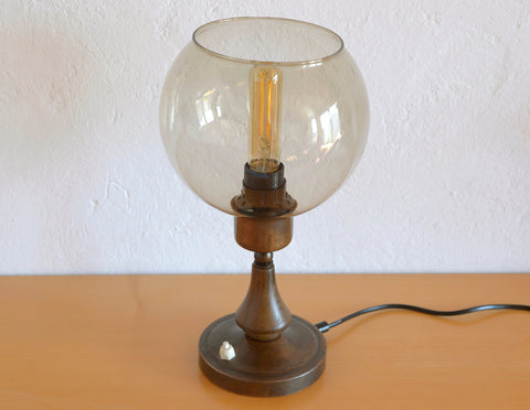 Vintage Smoked Glass Globe Lamp: Wood & Copper MCM Desk Light