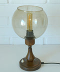 Vintage Smoked Glass Globe Lamp: Wood & Copper MCM Desk Light