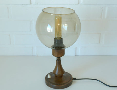 Vintage Smoked Glass Globe Lamp: Wood & Copper MCM Desk Light
