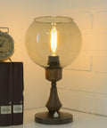 Vintage Smoked Glass Globe Lamp: Wood & Copper MCM Desk Light