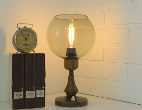 Vintage Smoked Glass Globe Lamp: Wood & Copper MCM Desk Light