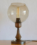 Vintage Smoked Glass Globe Lamp: Wood & Copper MCM Desk Light