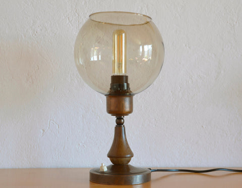 Vintage Smoked Glass Globe Lamp: Wood & Copper MCM Desk Light