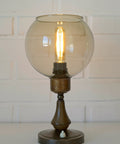 Vintage Smoked Glass Globe Lamp: Wood & Copper MCM Desk Light