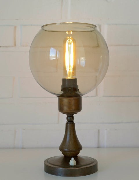 Vintage Smoked Glass Globe Lamp: Wood & Copper MCM Desk Light