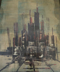 Vintage Abstract Cityscape Painting: Gothic Architecture Wall Art, 1980s