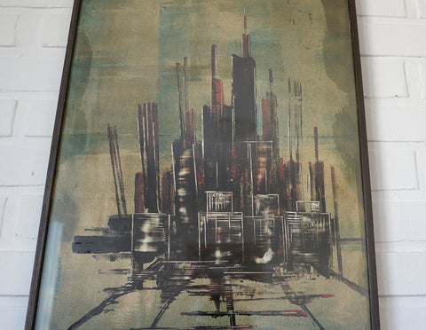 Vintage Abstract Cityscape Painting: Gothic Architecture Wall Art, 1980s