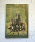 Vintage Abstract Cityscape Painting: Gothic Architecture Wall Art, 1980s