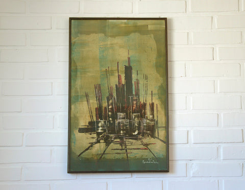 Vintage Abstract Cityscape Painting: Gothic Architecture Wall Art, 1980s