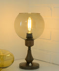 Vintage Smoked Glass Globe Lamp: Wood & Copper MCM Desk Light
