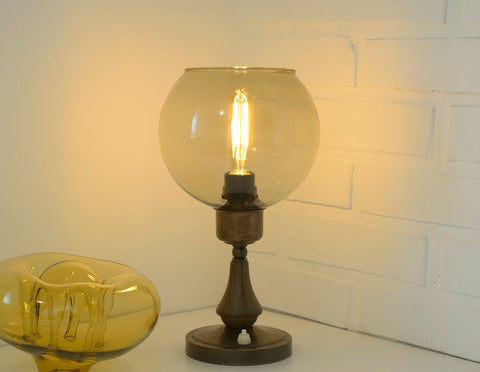 Vintage Smoked Glass Globe Lamp: Wood & Copper MCM Desk Light