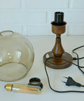 Vintage Smoked Glass Globe Lamp: Wood & Copper MCM Desk Light