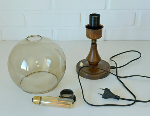 Vintage Smoked Glass Globe Lamp: Wood & Copper MCM Desk Light