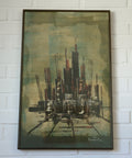 Vintage Abstract Cityscape Painting: Gothic Architecture Wall Art, 1980s