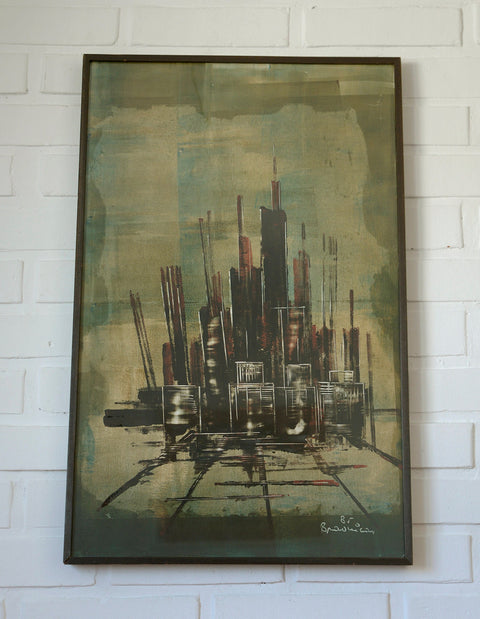 Vintage Abstract Cityscape Painting: Gothic Architecture Wall Art, 1980s