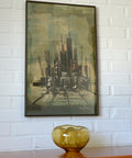 Vintage Abstract Cityscape Painting: Gothic Architecture Wall Art, 1980s