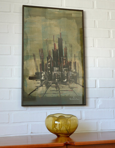 Vintage Abstract Cityscape Painting: Gothic Architecture Wall Art, 1980s