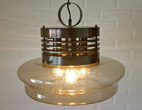 Vintage Brutalist Chandelier: Hand Blown Glass Pendant Lamp, Copper Loft Lighting