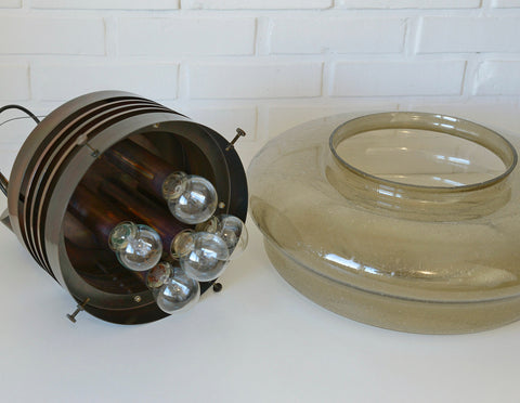 Vintage Brutalist Chandelier: Hand Blown Glass Pendant Lamp, Copper Loft Lighting