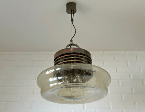 Vintage Brutalist Chandelier: Hand Blown Glass Pendant Lamp, Copper Loft Lighting