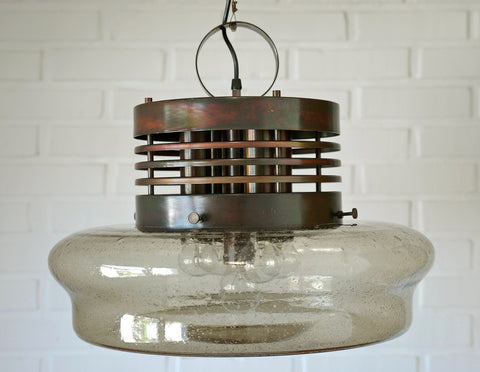 Vintage Brutalist Chandelier: Hand Blown Glass Pendant Lamp, Copper Loft Lighting