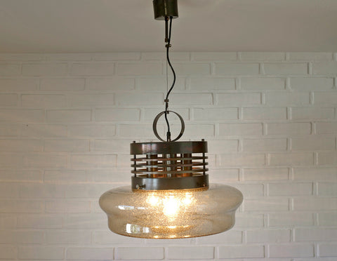 Vintage Brutalist Chandelier: Hand Blown Glass Pendant Lamp, Copper Loft Lighting