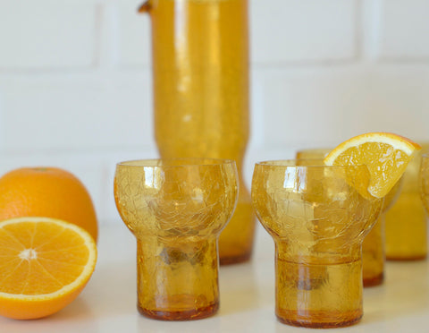 Vintage Amber Crackle Glass Shot Glass Set: Mid Century Modern Barware