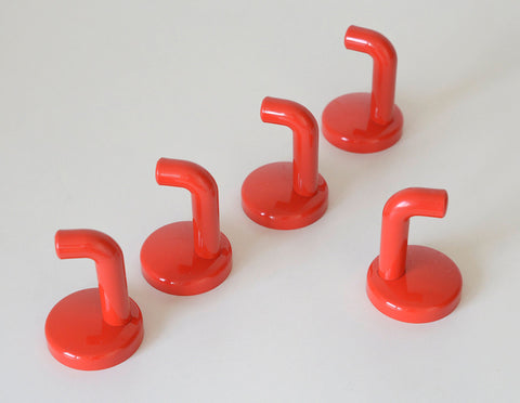 Vintage Red Plastic Coat Hooks: Mid Century Modern Wall Rack, Set of 5