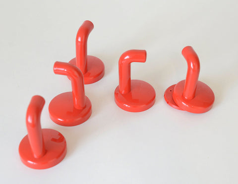 Vintage Red Plastic Coat Hooks: Mid Century Modern Wall Rack, Set of 5