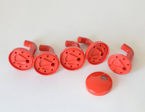 Vintage Red Plastic Coat Hooks: Mid Century Modern Wall Rack, Set of 5