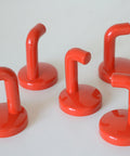 Vintage Red Plastic Coat Hooks: Mid Century Modern Wall Rack, Set of 5