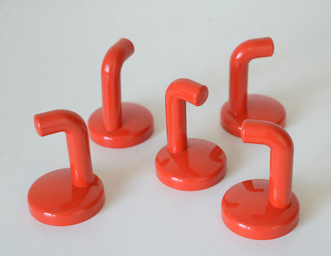 Vintage Red Plastic Coat Hooks: Mid Century Modern Wall Rack, Set of 5