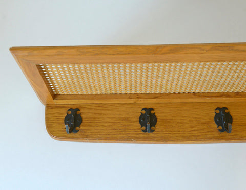 Vintage Coat Rack / Rattan Shelf / Mid Century Wooden Hat Rack / Yugoslavia 1960's