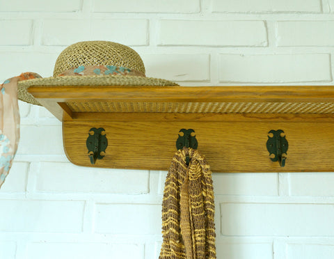 Vintage Coat Rack / Rattan Shelf / Mid Century Wooden Hat Rack / Yugoslavia 1960's