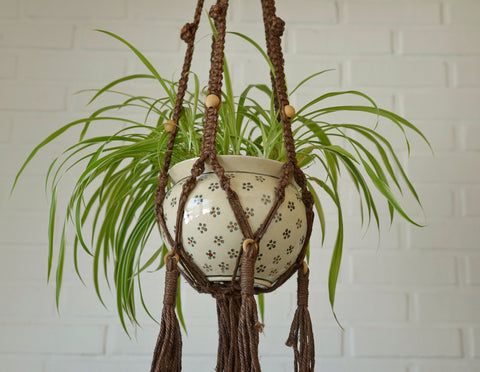 Vintage Macrame Plant Hanger: Large 1970s Boho Folk Art Decor