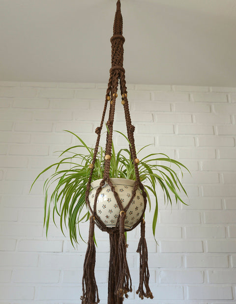 Vintage Macrame Plant Hanger: Large 1970s Boho Folk Art Decor