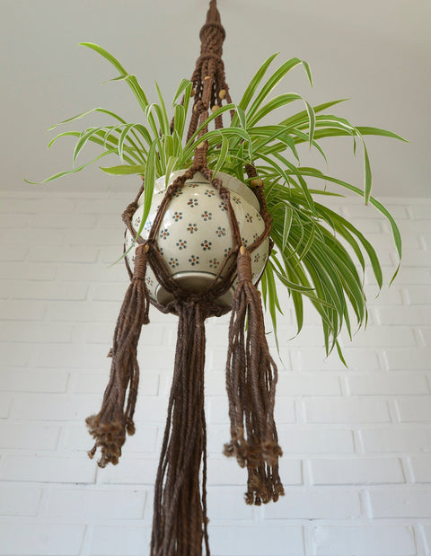 Vintage Macrame Plant Hanger: Large 1970s Boho Folk Art Decor