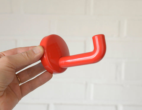 Vintage Red Plastic Coat Hooks: Mid Century Modern Wall Rack, Set of 5