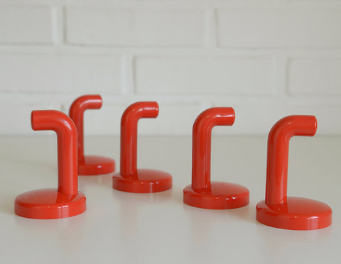 Vintage Red Plastic Coat Hooks: Mid Century Modern Wall Rack, Set of 5