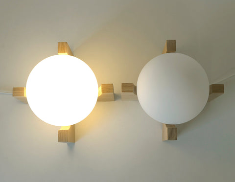 Oak Wood Bedside Lamp Set: Retro MCM Globe Lights