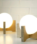 Oak Wood Bedside Lamp Set: Retro MCM Globe Lights
