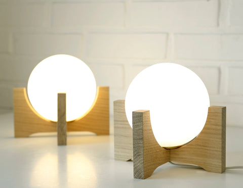 Oak Wood Bedside Lamp Set: Retro MCM Globe Lights