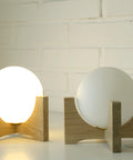 Oak Wood Bedside Lamp Set: Retro MCM Globe Lights