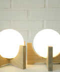 Oak Wood Bedside Lamp Set: Retro MCM Globe Lights