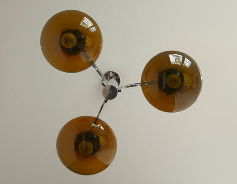 Vintage Chrome Chandelier: Mid Century Modern Amber Glass Pendant Light