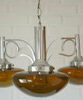 Vintage Chrome Chandelier: Mid Century Modern Amber Glass Pendant Light